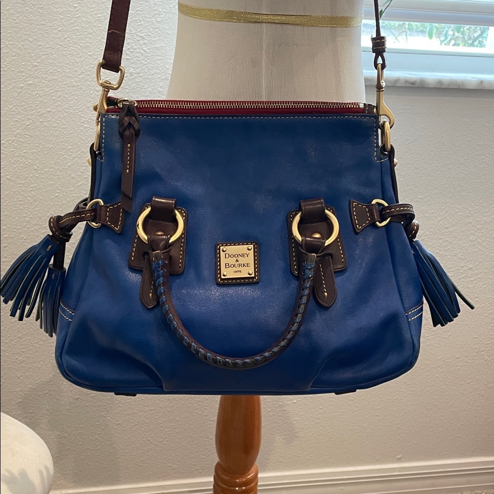 Dooney & Bourke Royal Blue Leather Florentine Satchel with Brown Trim